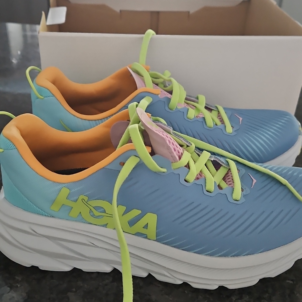 Hoka Unisex Athletic Sneakers - Blue & Pink with Lime Laces Size 6.5